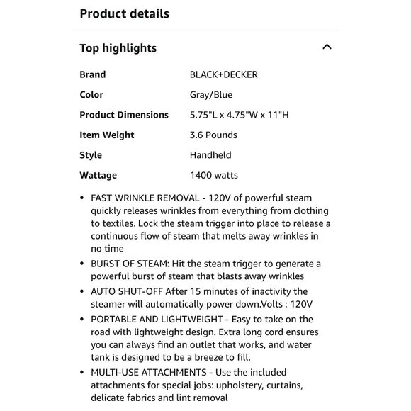 Black & Decker Handheld Garment Steamer Detachable Water Tank & 3 Attachments - Picture 8 of 9